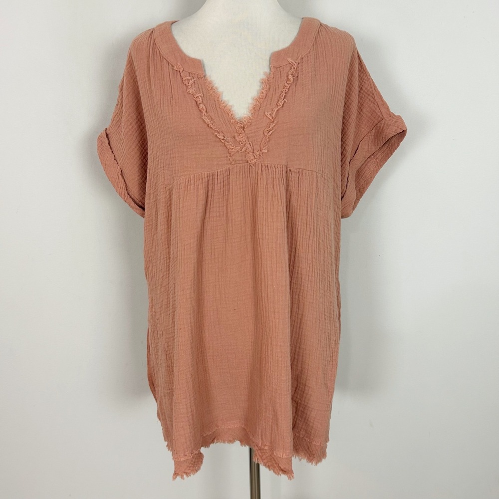 NEW Entro Top Pink Gauze Cotton Frayed Boho Cuffed Sleeve Size XL Women's
